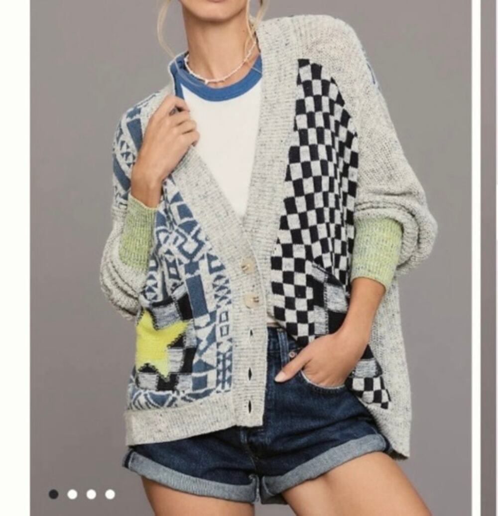 Anthropologie Pilcro Mash-Up Cardigan Sweater Blue Motif Checkered Star Patch